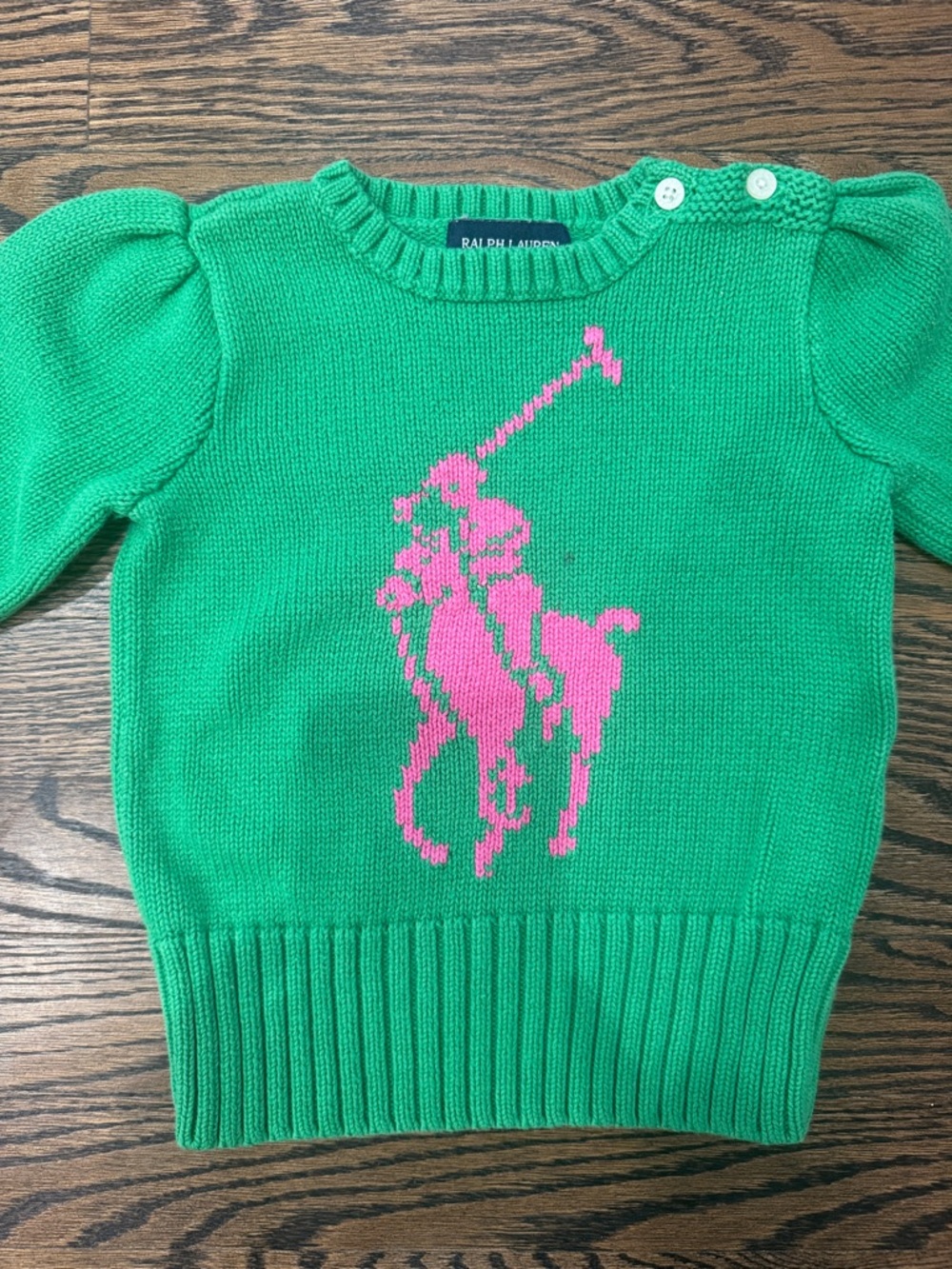 Ralph Lauren Green Knit Sweater with Pink Polo Motif